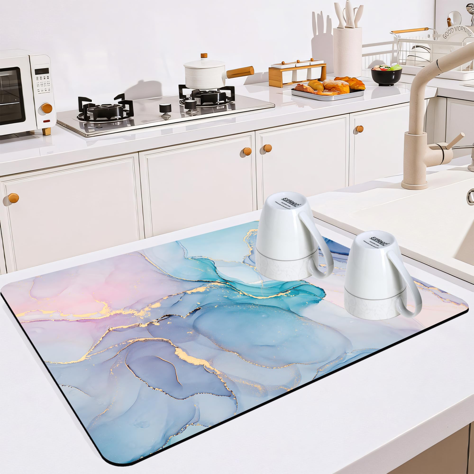Tapete Secador de Platos para Múltiples Usos. Súper Absorbente, Fácil de Limpiar, Secado Rápido, Accesorios de Cocina para Encimera o Fregadero de Cocina, Bar de Café, Refrigerador o Forros para Freidoras de Aire, Paquete de 1, Mármol Colorido